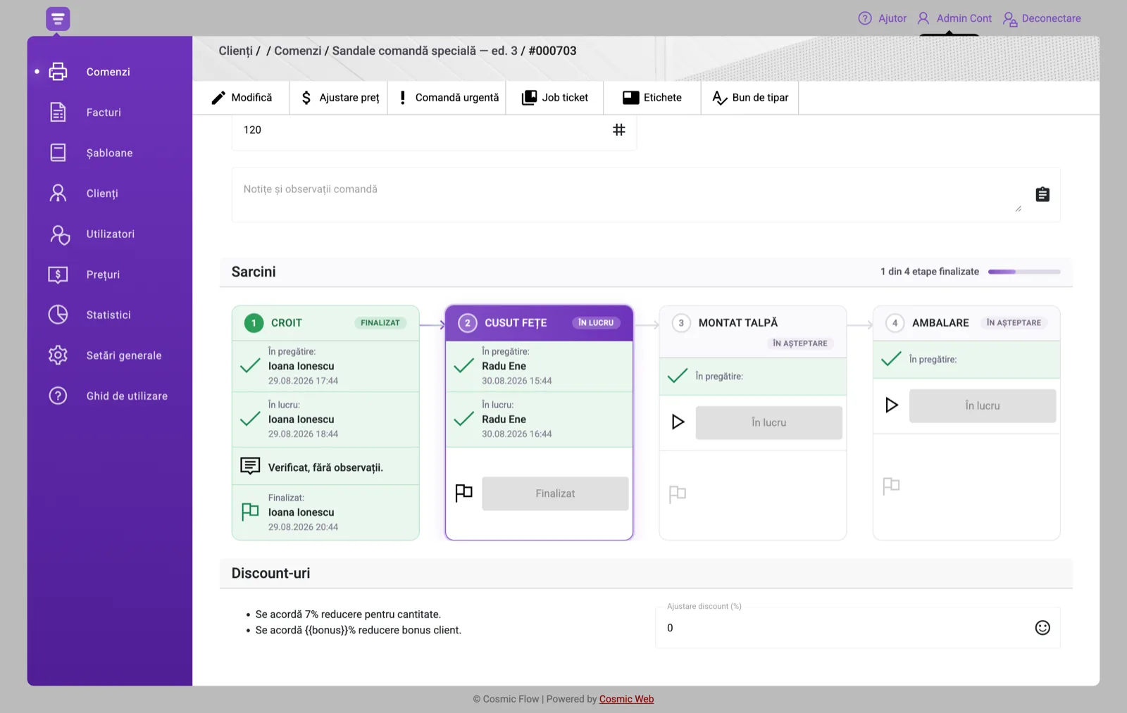Etapele de producție configurate pentru încălțăminte și marochinărie